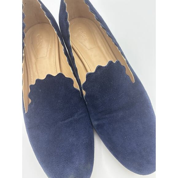 Chloé Suede Scalloped Loafers Navy Blue Suede Pumps Size 39.5 / 9.5 Block Heel - Picture 15 of 16
